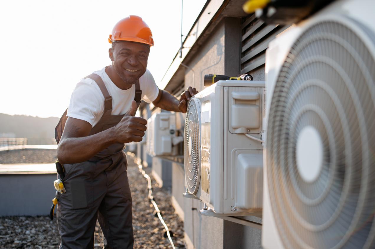 Certified HVAC technician performing professional air conditioning maintenance